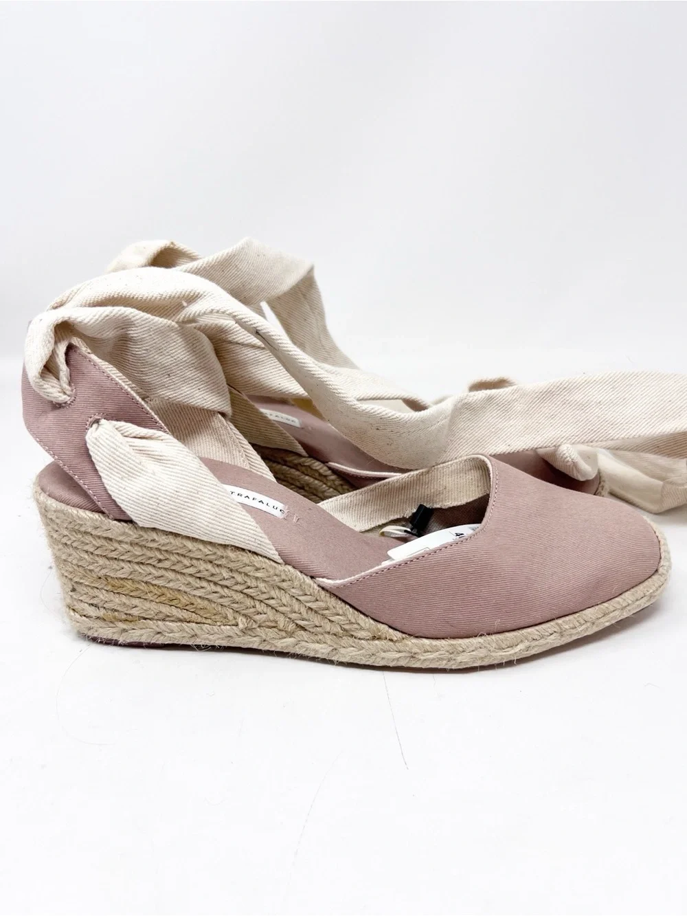 ZARA TRAFULAC TAUPE RAFFIA WEDGE SANDALS WITH ANKLE TIES WOMENS SZ 9 NWT